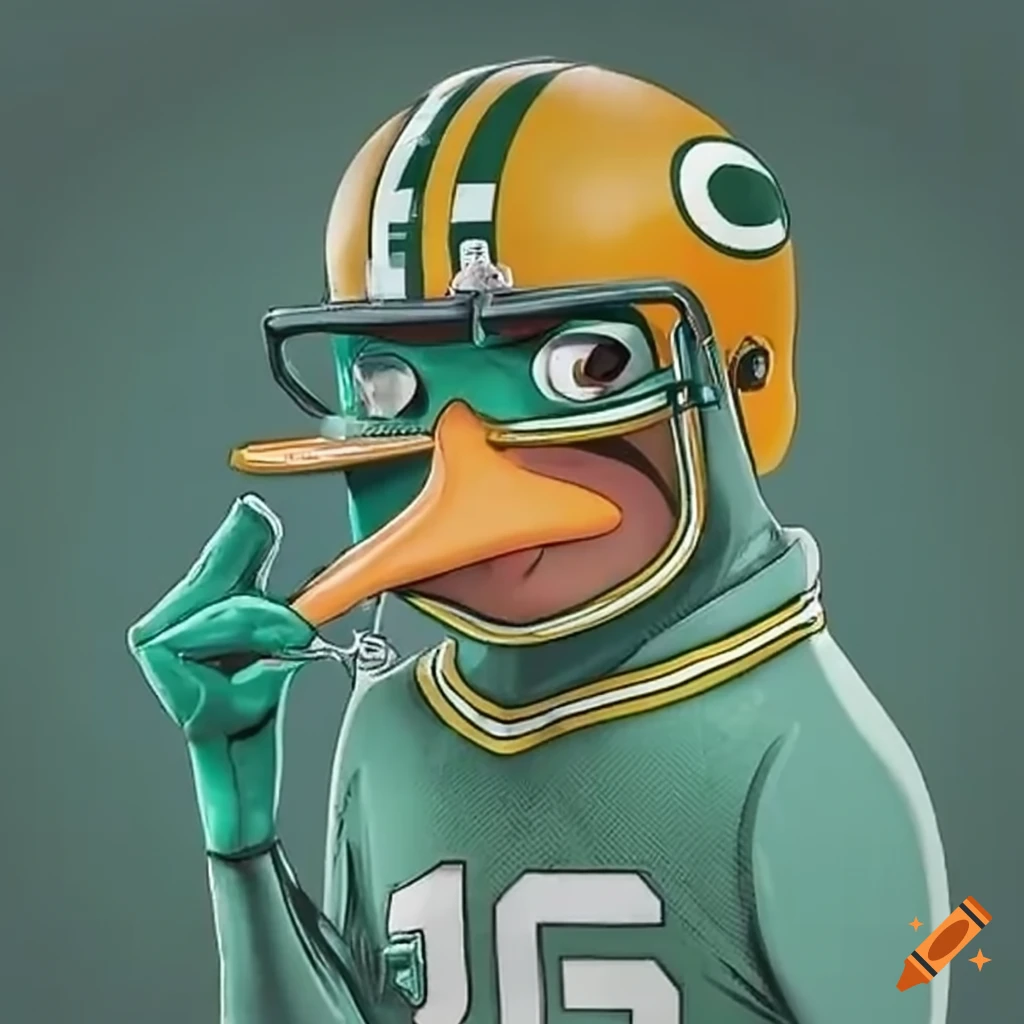 Perry the platypus wearing NFL packers helmet