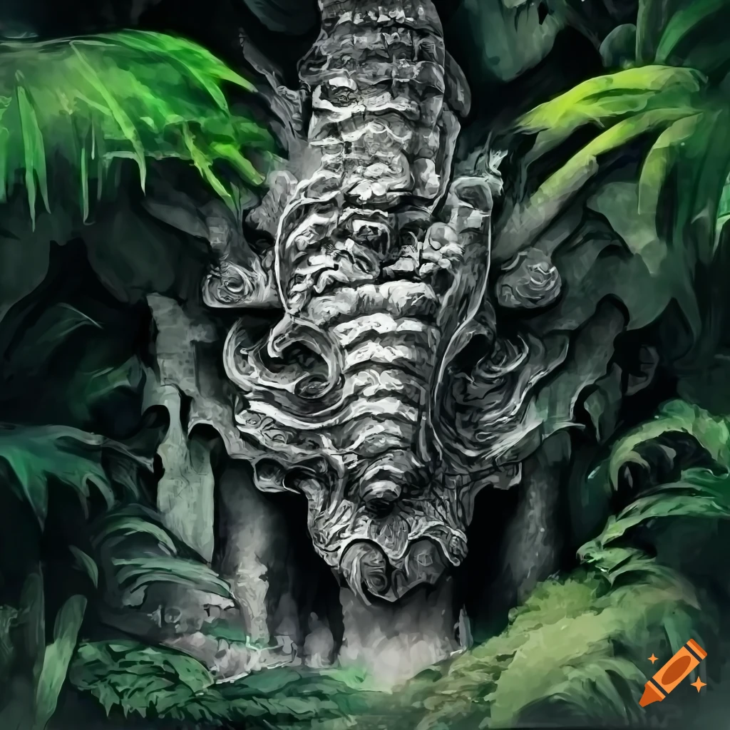 statue of a dragon in a lush jungle