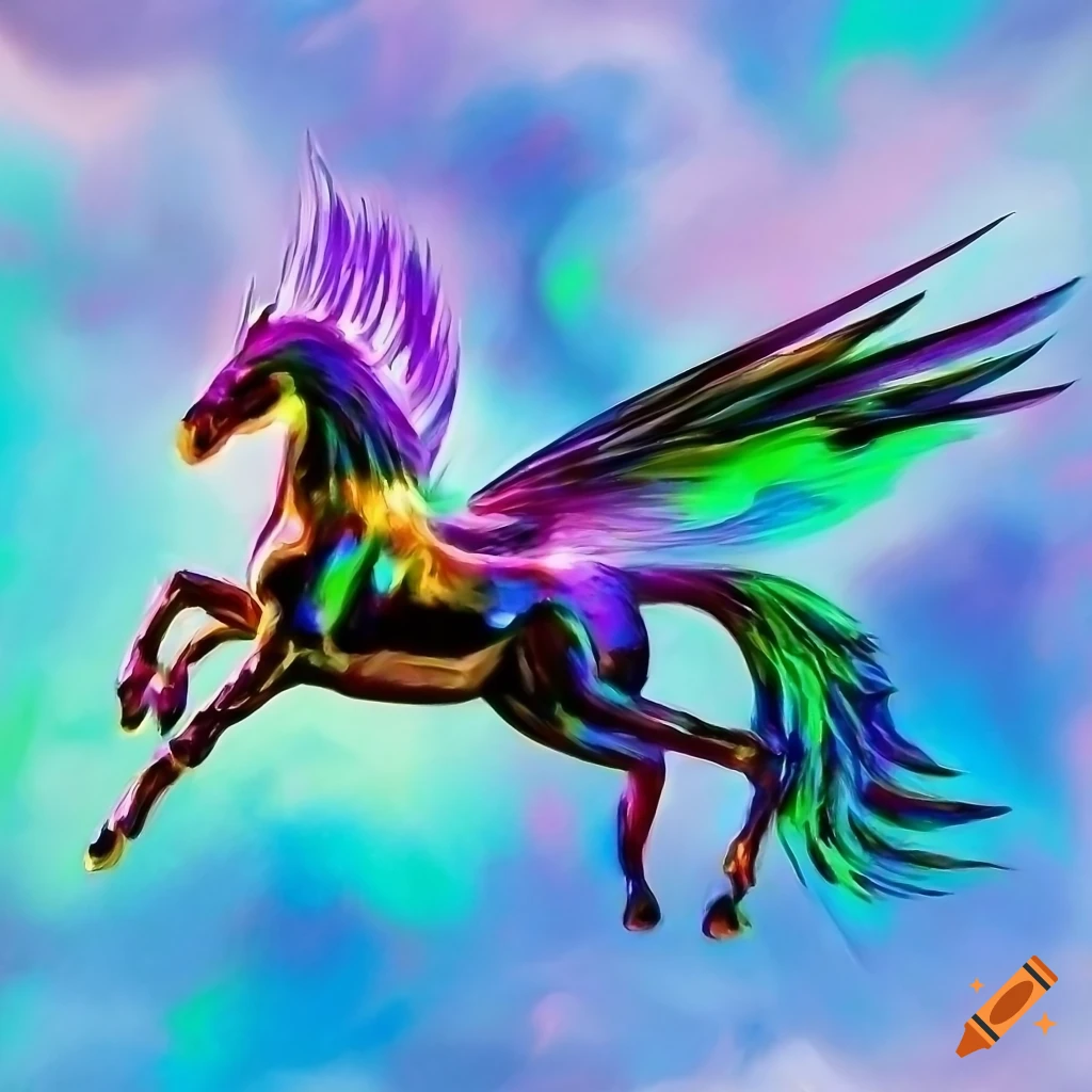 Impressionist painting of a chrome pegasus in flight