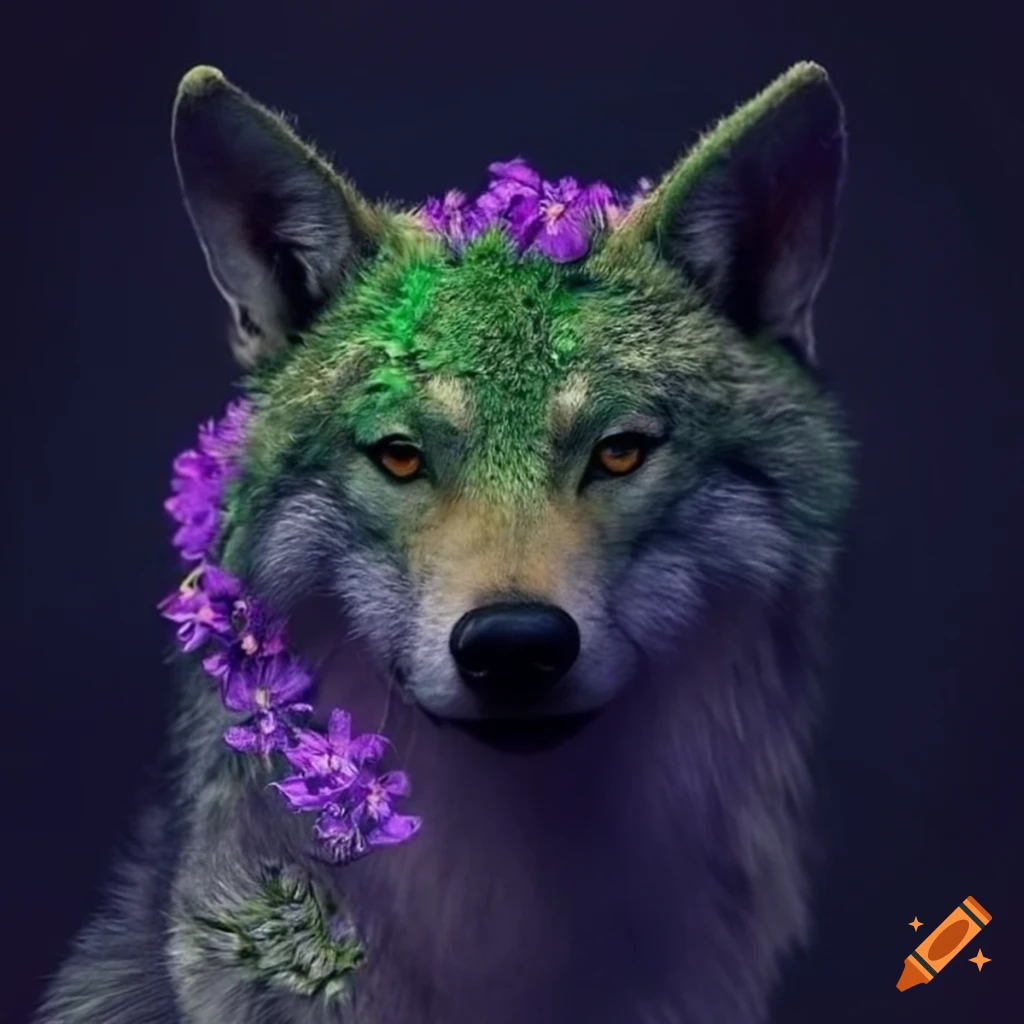 wolf with moss as skin and purple flowers on its back