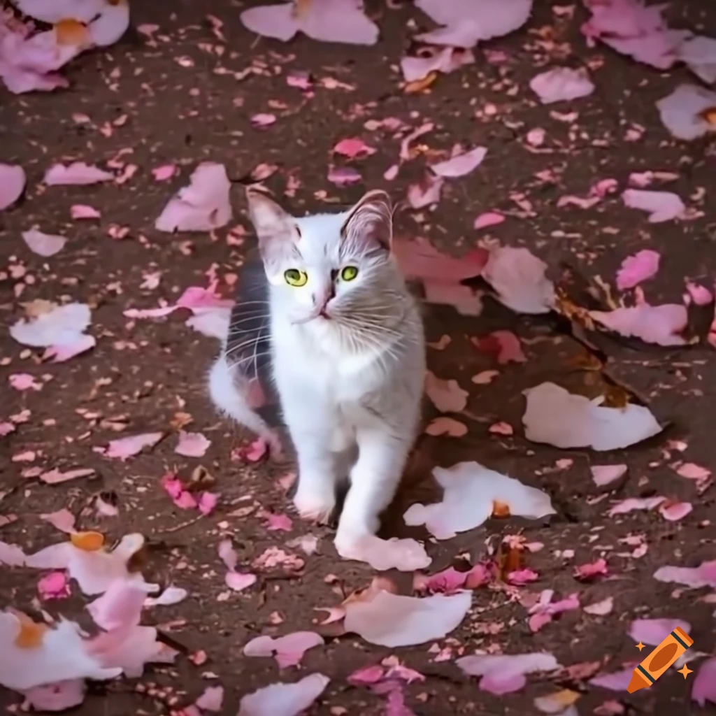 white cat with black spots in a cherry blossom forest at twilight