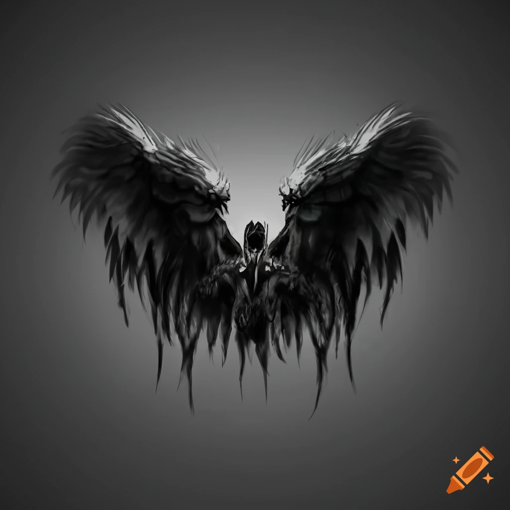 Dark fantasy image of black angel wings descending into abyss on