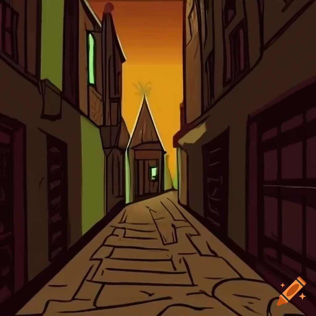 Colourful Cartoon Of A Dark Medieval Alleyway On Craiyon colourful-cartoon-of-a-dark-medieval-alleyway-on-craiyon