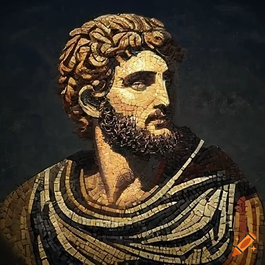detailed photorealistic mosaic art of Alexander the Great in caravanserai