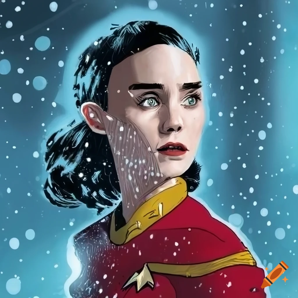 pulp comic style art of Rooney Mara as Star Trek captain