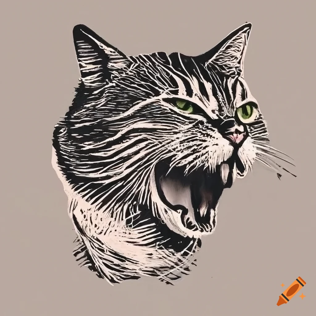 Minimalist linocut style logo of an angry cat
