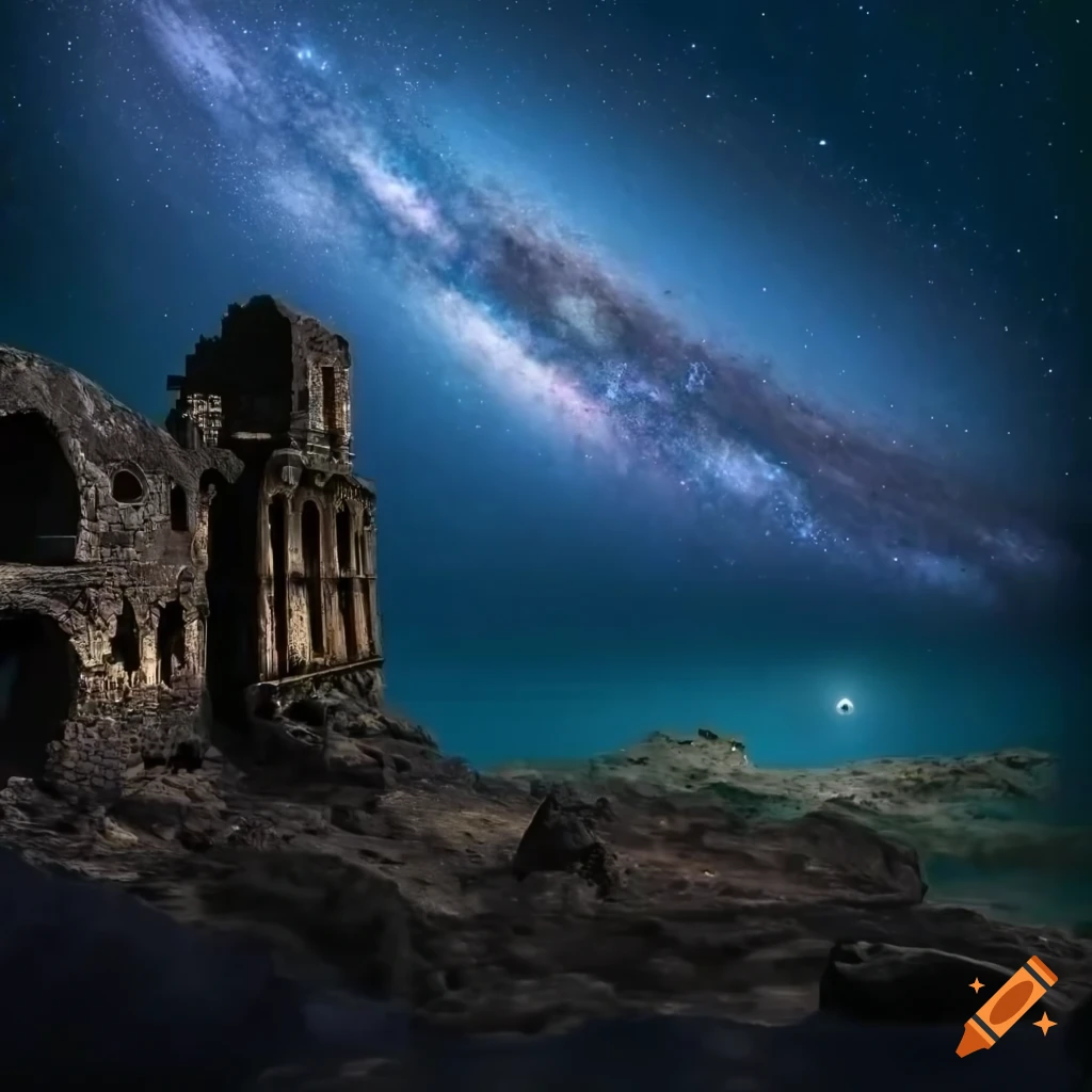 artistic depiction of medieval-style ruins on an asteroid