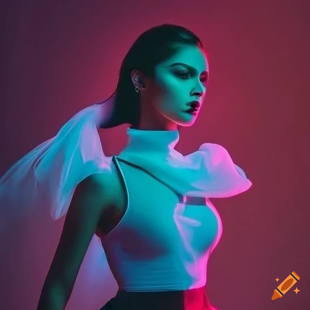 op art and neon fashion model in dramatic lighting