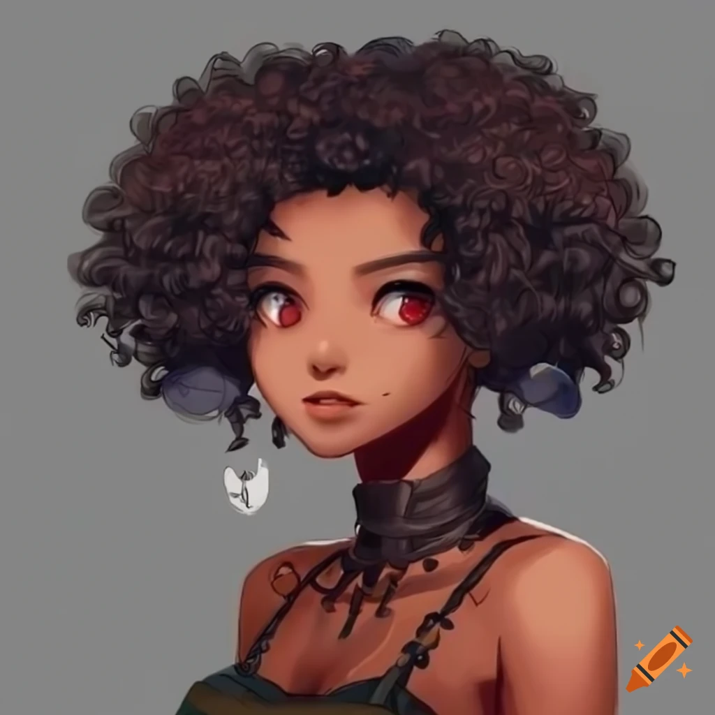 anime-style character with dark brown skin and black curly hair