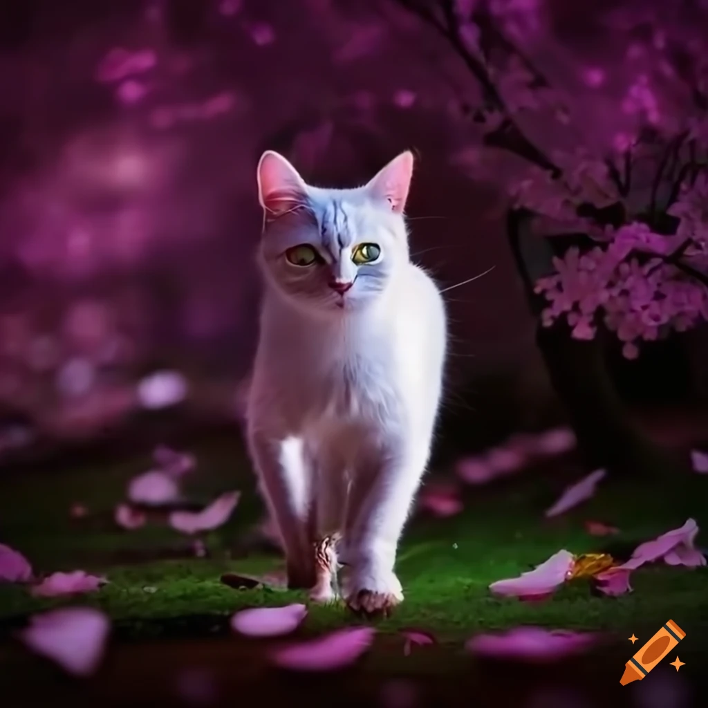 white cat with black spots in a cherry blossom forest at twilight