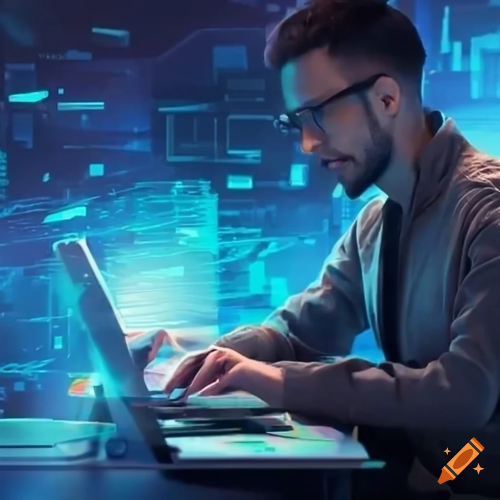 Abstract software developer working on laptop on Craiyon