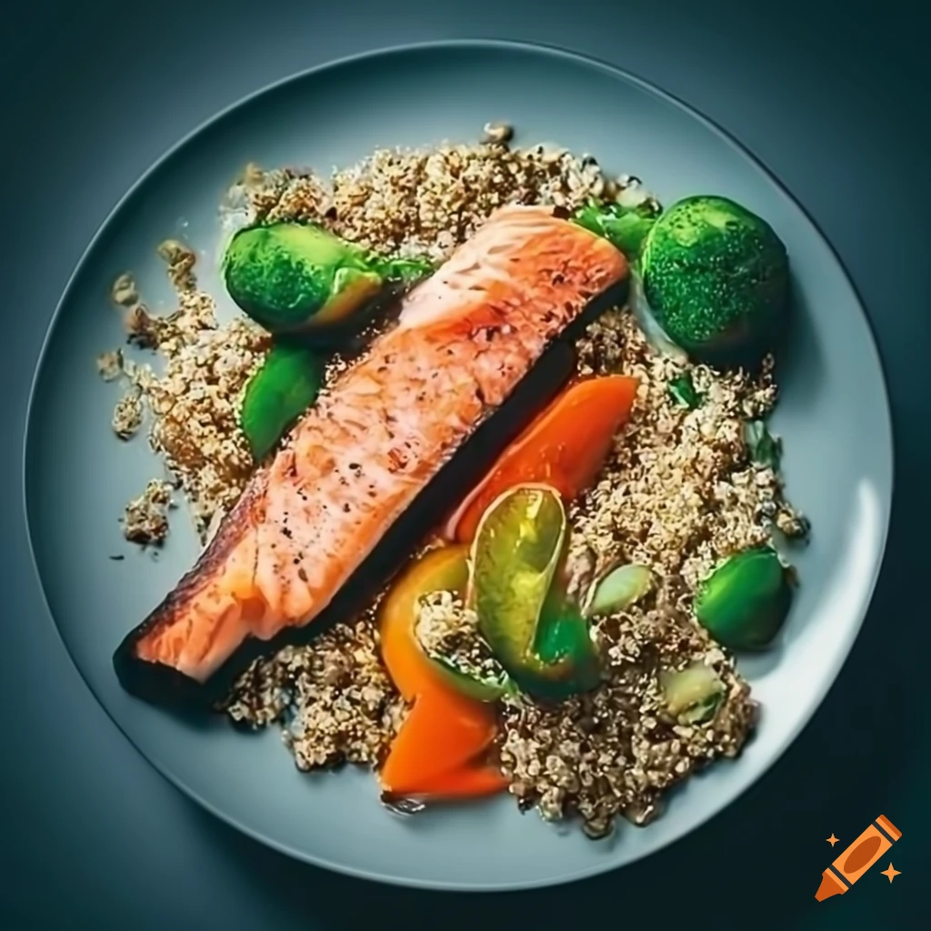 Delicious baked salmon fillet with crispy skin and steamed vegetables