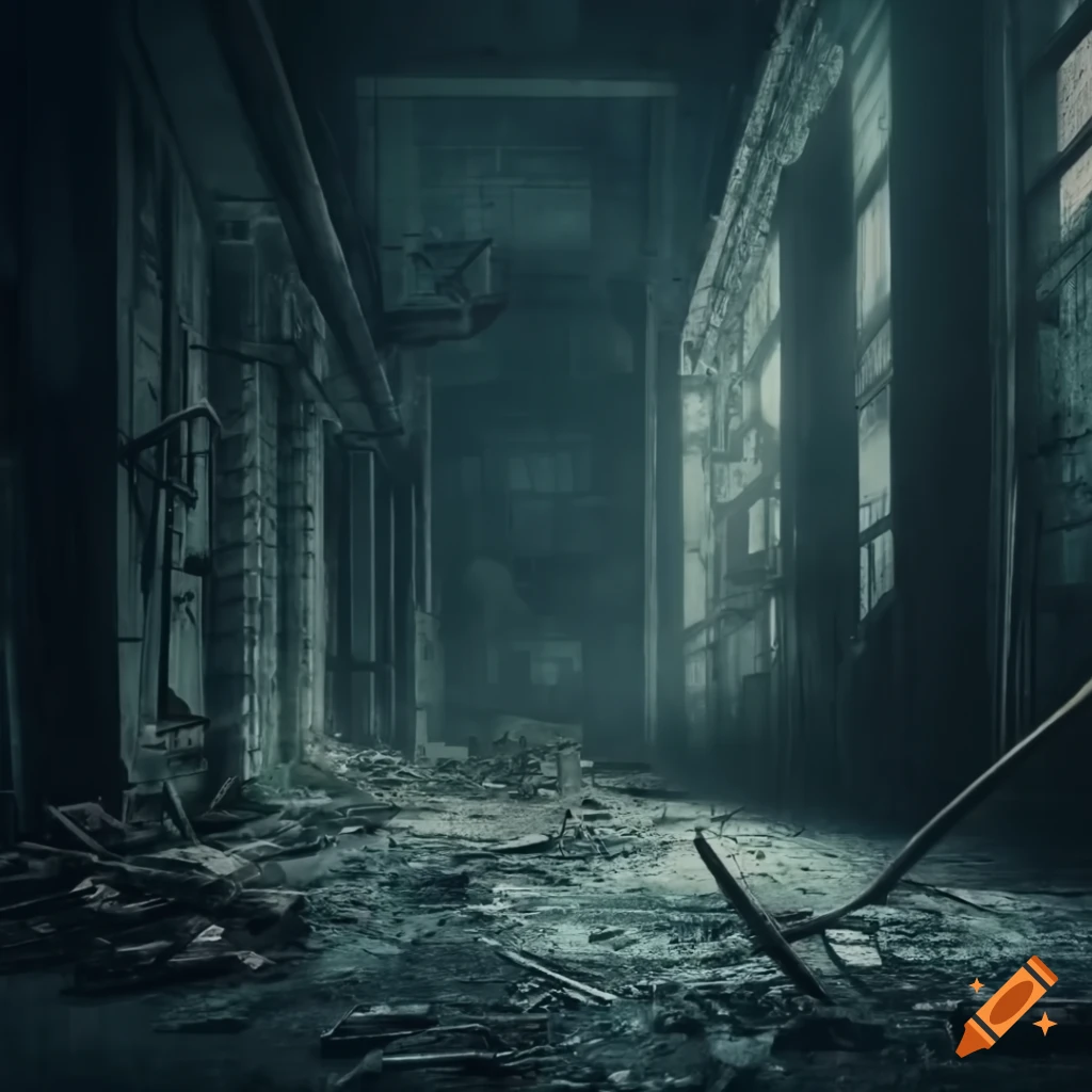 moody cinematic shot of an abandoned building in fog
