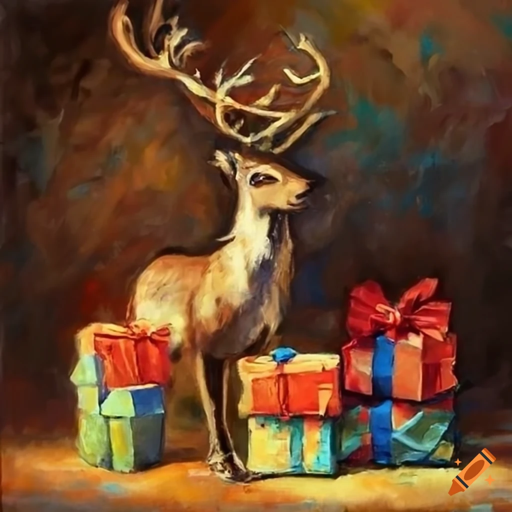 French impressionist painting of reindeer with gift packages