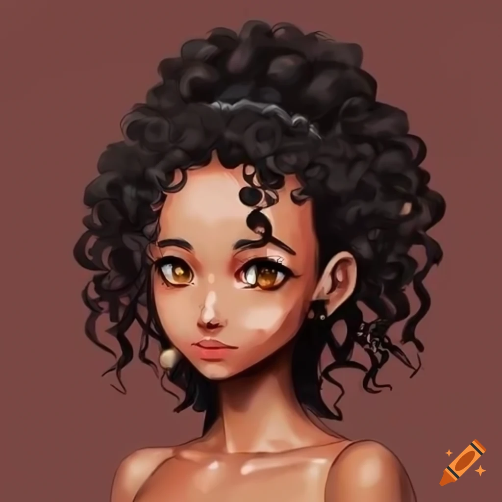 Draw girl in 90' anime style whit black curly hair and brown eyes