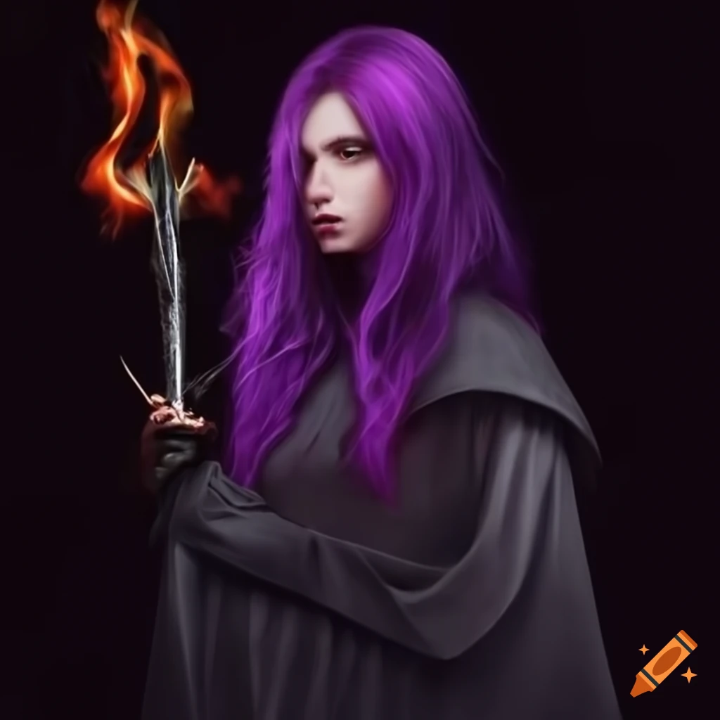 art of a androgynous woman with purple hair and flaming sword