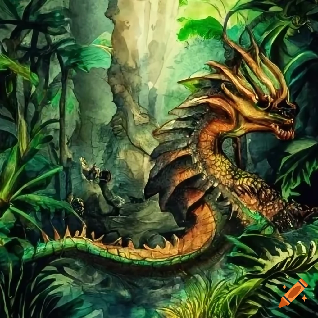 statue of a dragon in a lush jungle