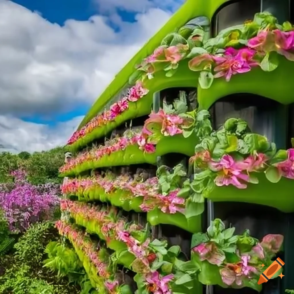 Flowershaped ecofriendly building with vertical gardens on Craiyon