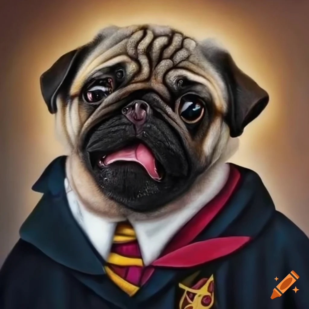 hyper realistic drawing of a pug in Hogwarts uniform