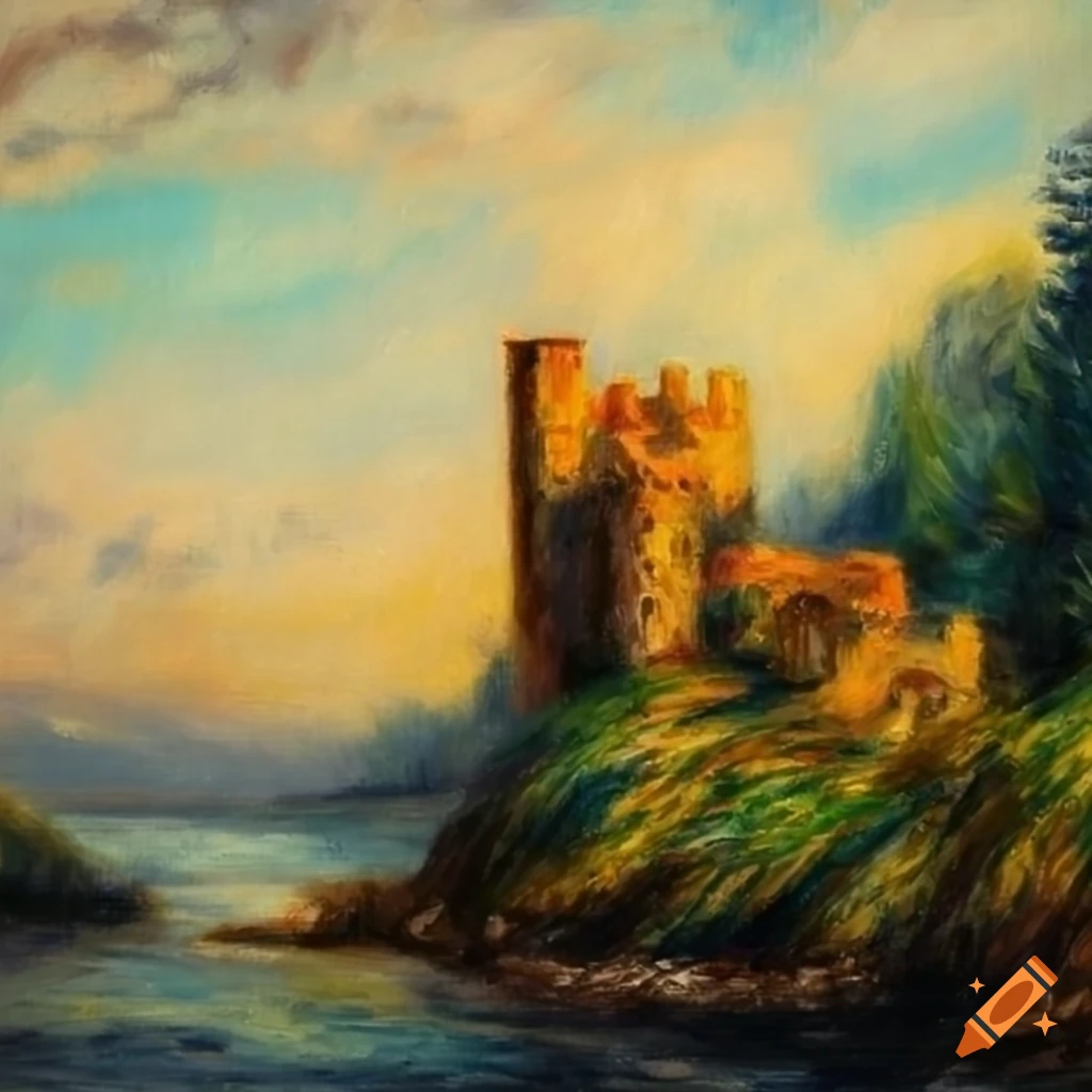 Renoir-style oil painting of a mysterious castle