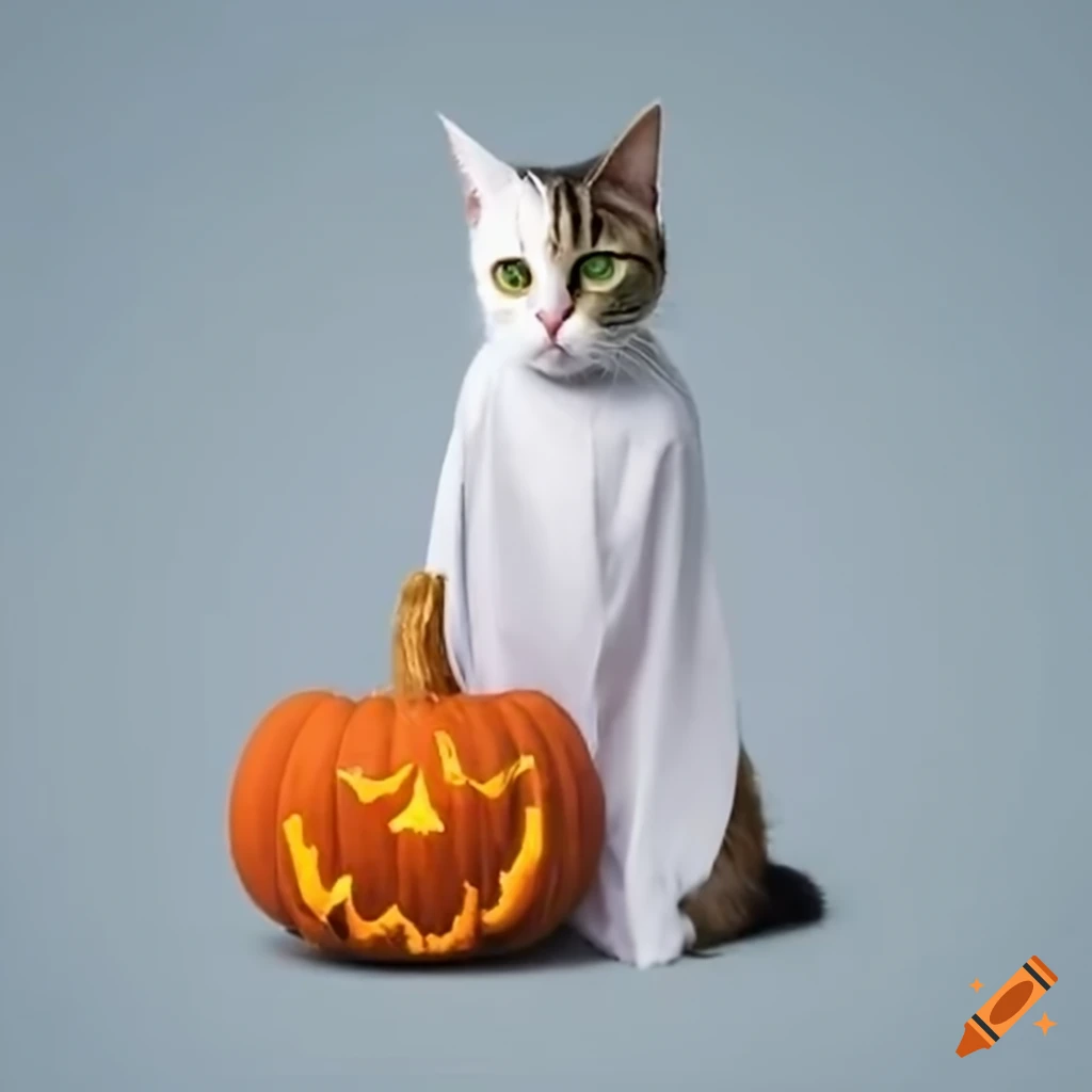 Cat in ghost costume next to a pumpkin