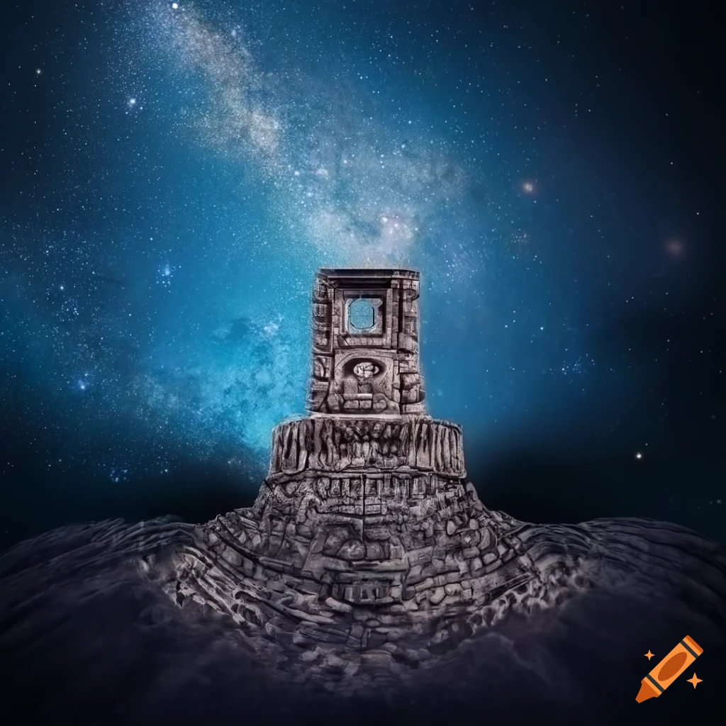 Aztec-style stone monument on an asteroid