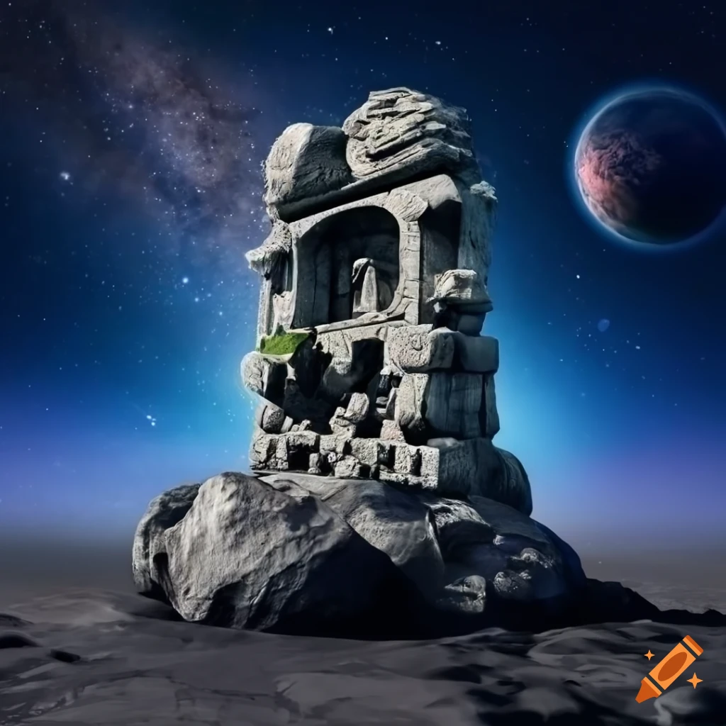 Aztec-style stone monument on an asteroid