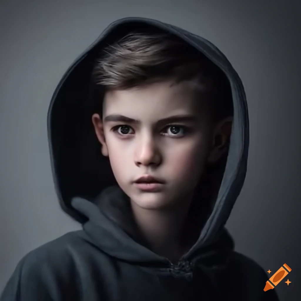 Portrait of a calm 19-year-old boy in a black hoodie
