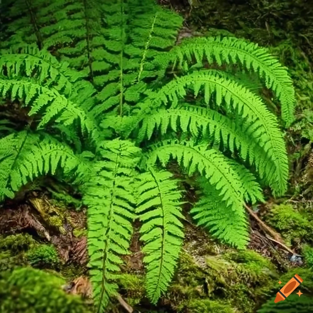 Detailed close-up of a fern bush growing on mossy ground on Craiyon