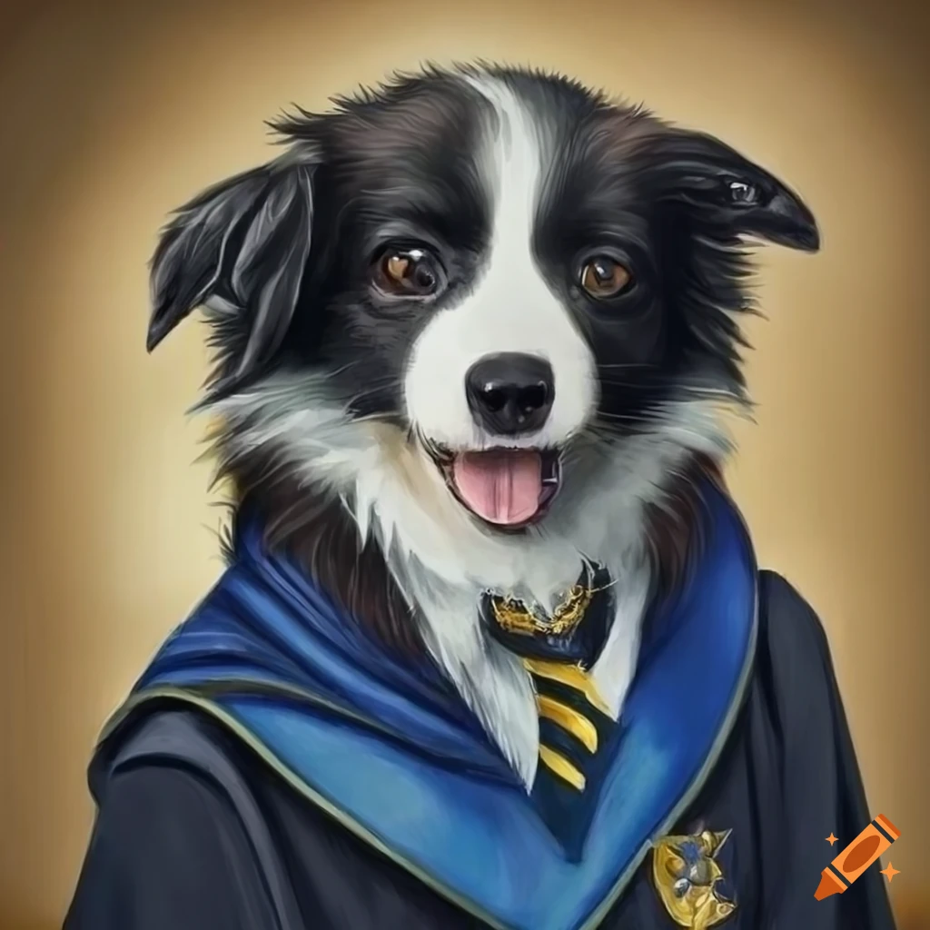drawing of a baby border collie in Ravenclaw uniform