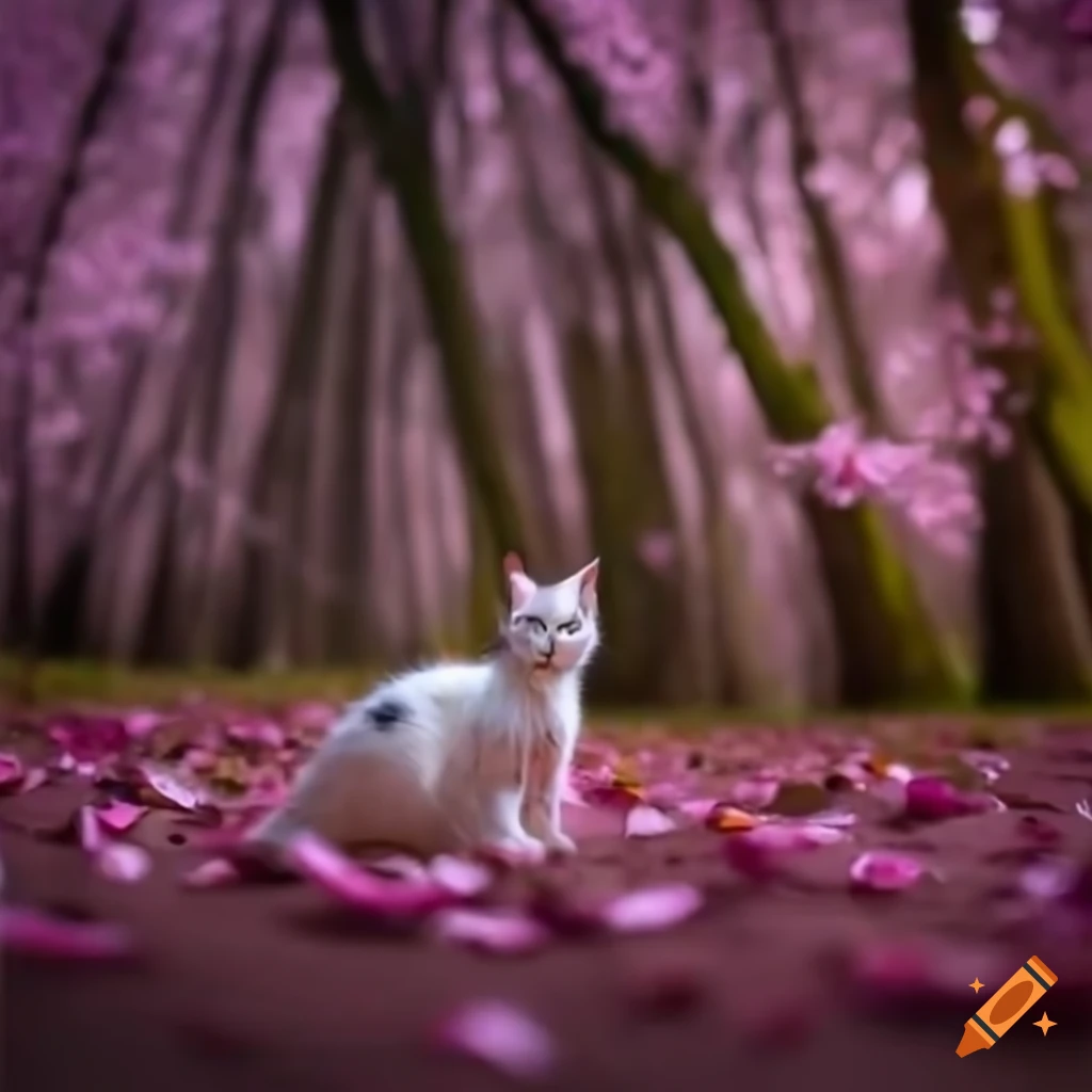 white cat with black spots in a cherry blossom forest at twilight