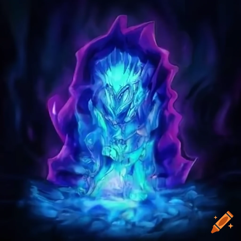 Yugioh! artwork featuring spectral figure and cursed scrolls on Craiyon
