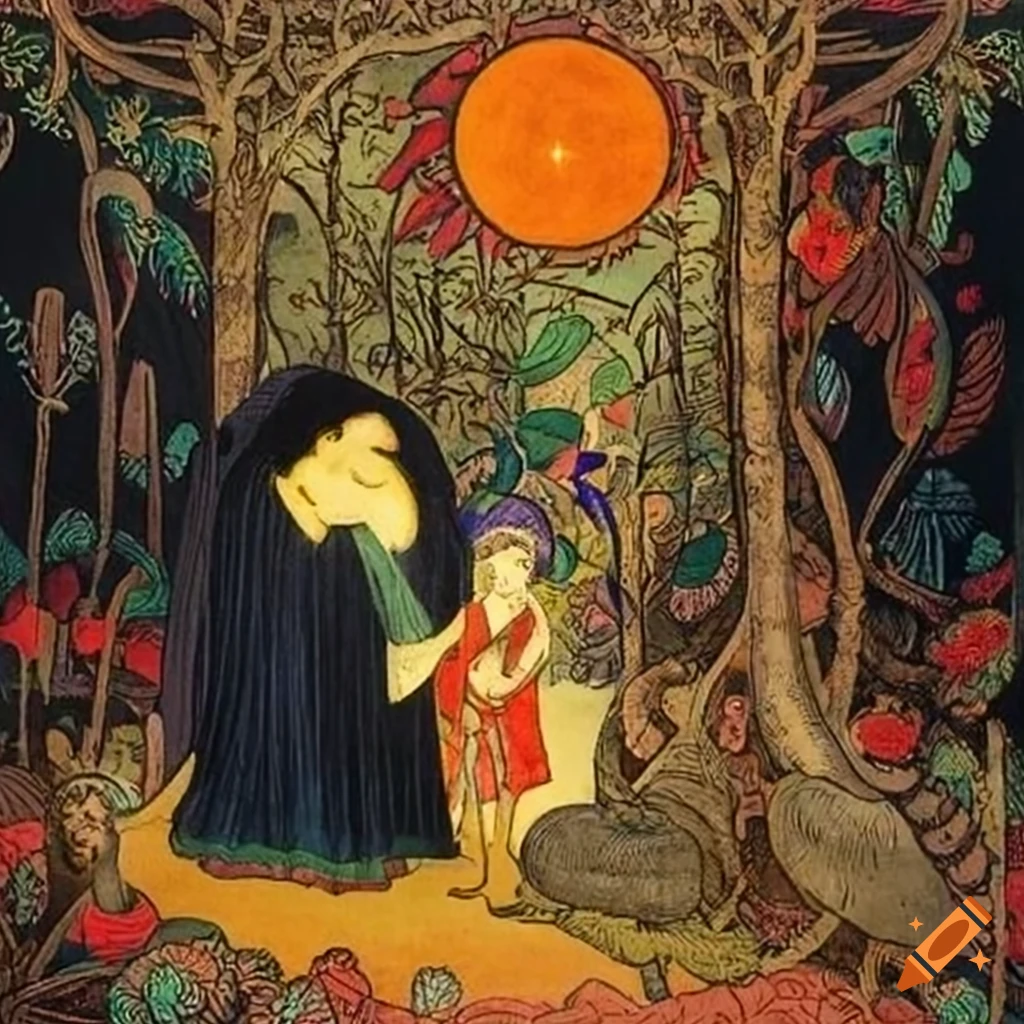 storybook illustration of a mystical Curandera Raven and elegant Mother Goose