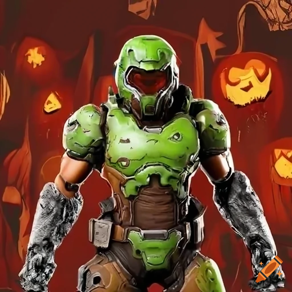 Doom slayer in halloween costume with spooky decorations on Craiyon