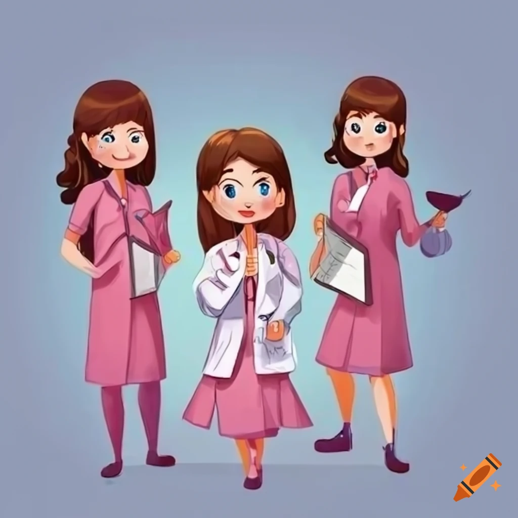 Cartoon illustration of a group of nurses with a lab coat and a ...
