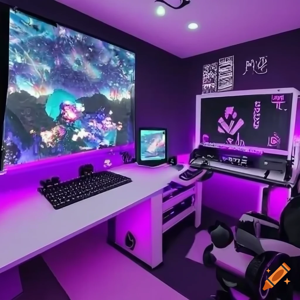 Purple gaming room with a vtuber streaming setup on Craiyon