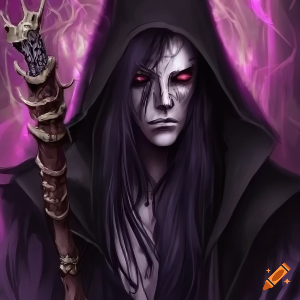 image of a handsome Lich with a skeletal head and purple eyes