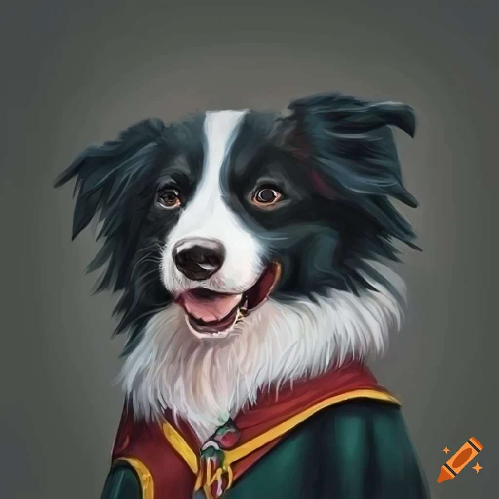 hyper realistic portrait of a baby border collie in a Hogwarts uniform