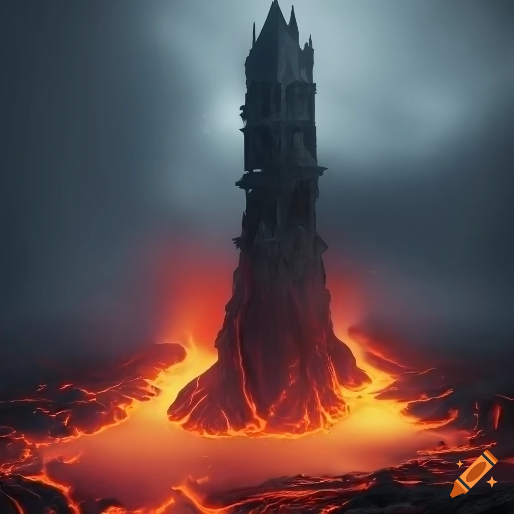 realistic render of a dark tower in a lava lake