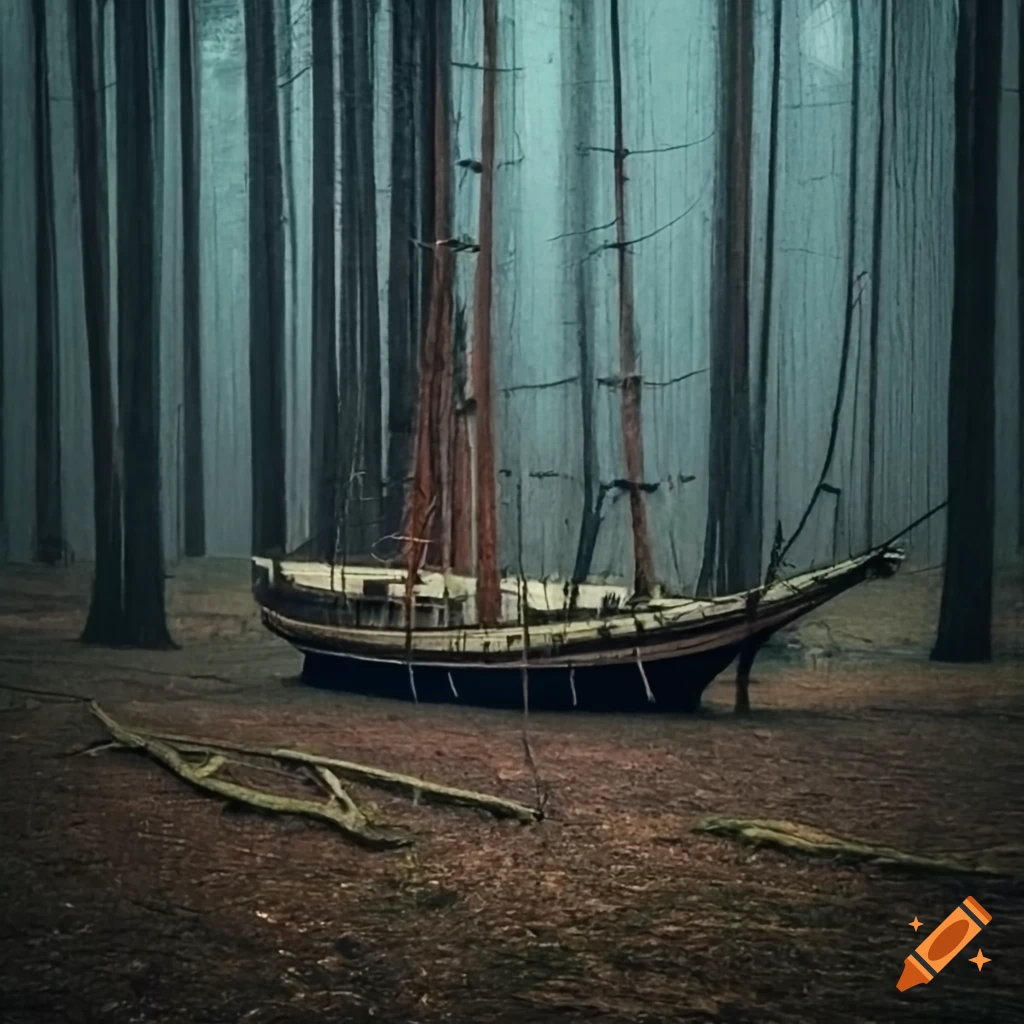 Creepy abandoned ship in a forest on Craiyon