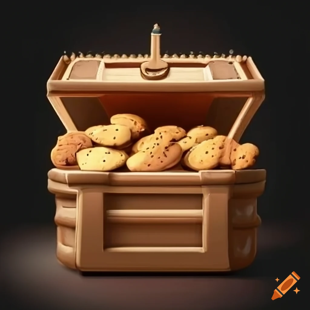 Cartoon image of an enormous treasure chest overflowing with delicious mini  chocolate chip cookies, cupcakes, and sweets on Craiyon