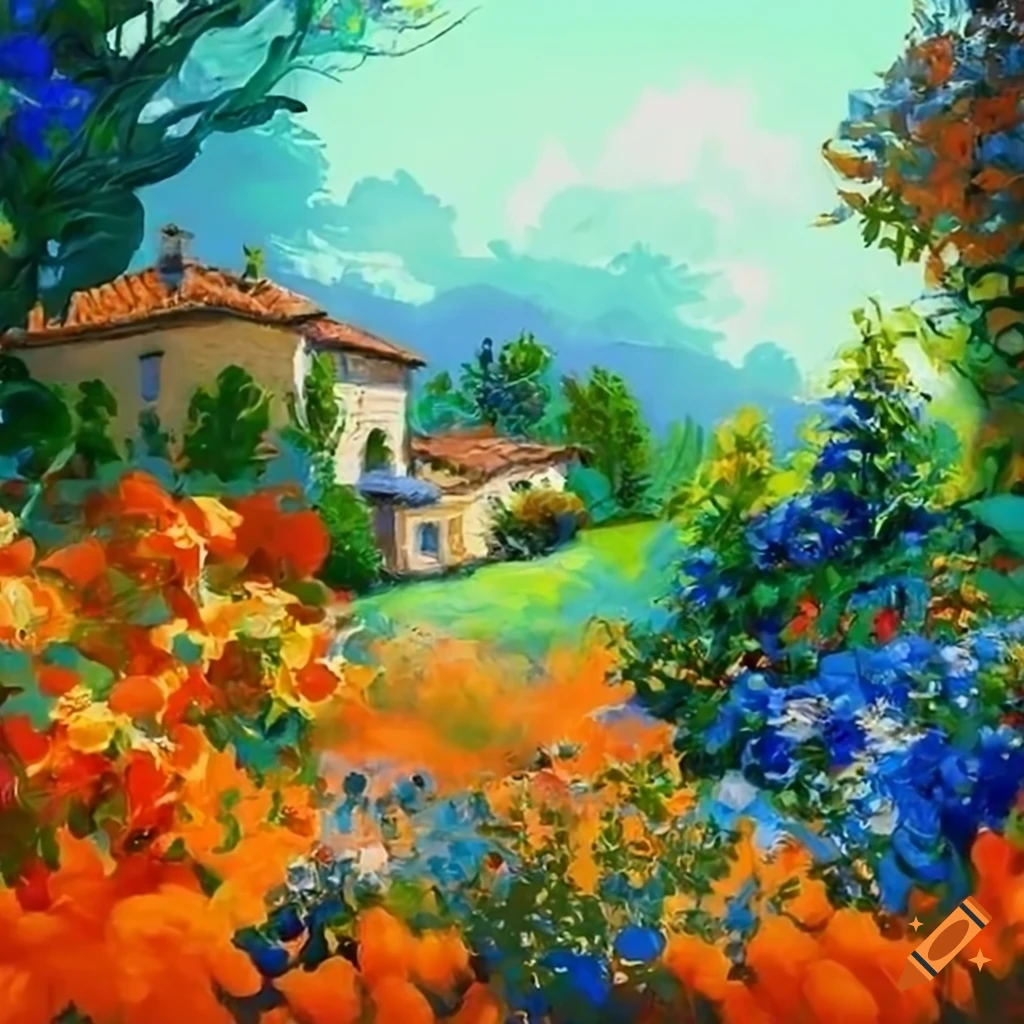 Painting of an italian backyard garden with colorful flowers on Craiyon