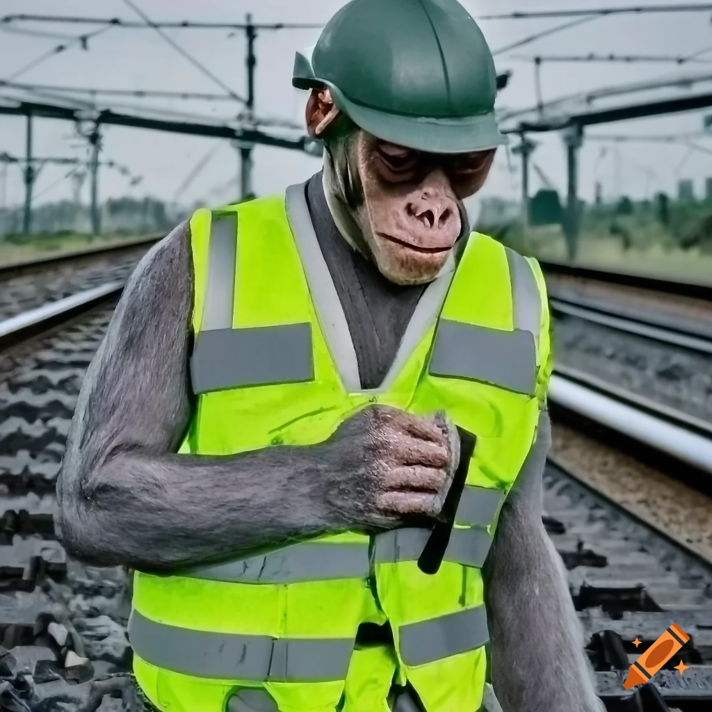 chimpanzee wearing a reflective vest and holding a wrench