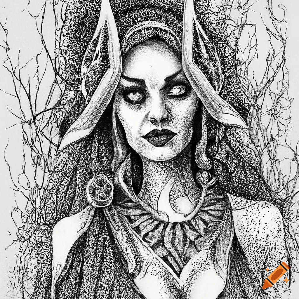 Portrait illustration of a darkling sorceress in black and white