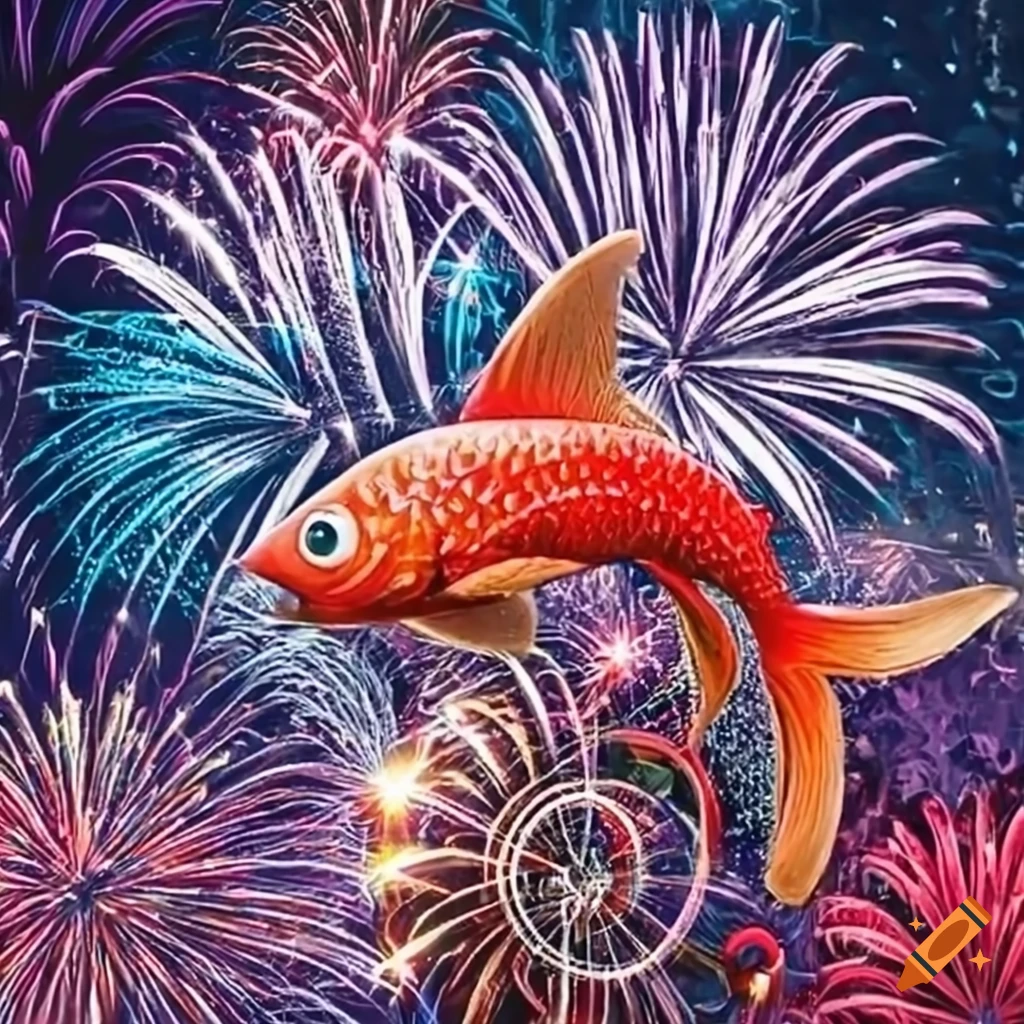 red fish puzzle with fireworks