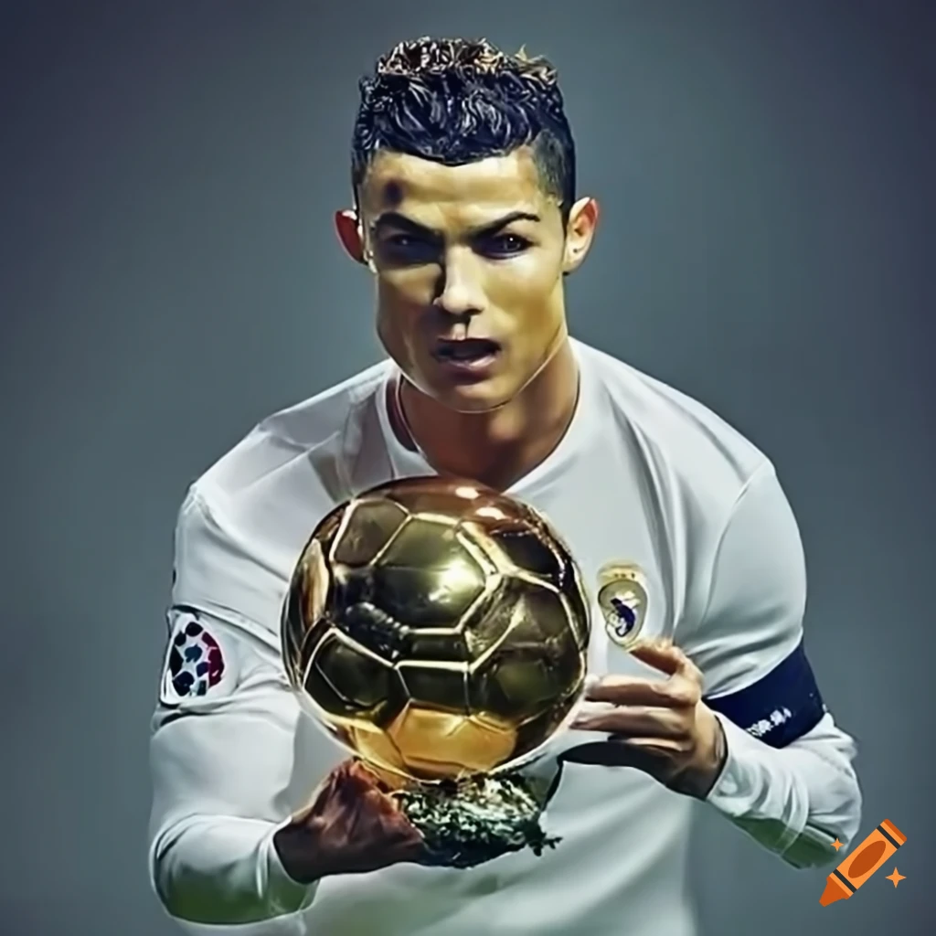 Cristiano Ronaldo with Ballon d'Or and Real Madrid shirt