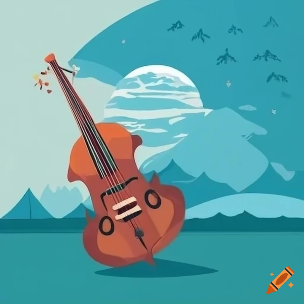 jazz instruments against a Japanese landscape
