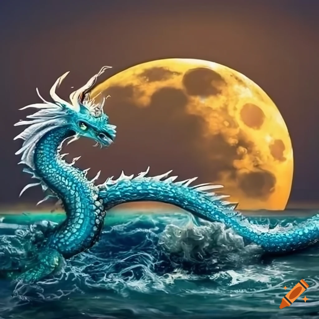 Image of a water dragon breaching the waves under a full moon on Craiyon