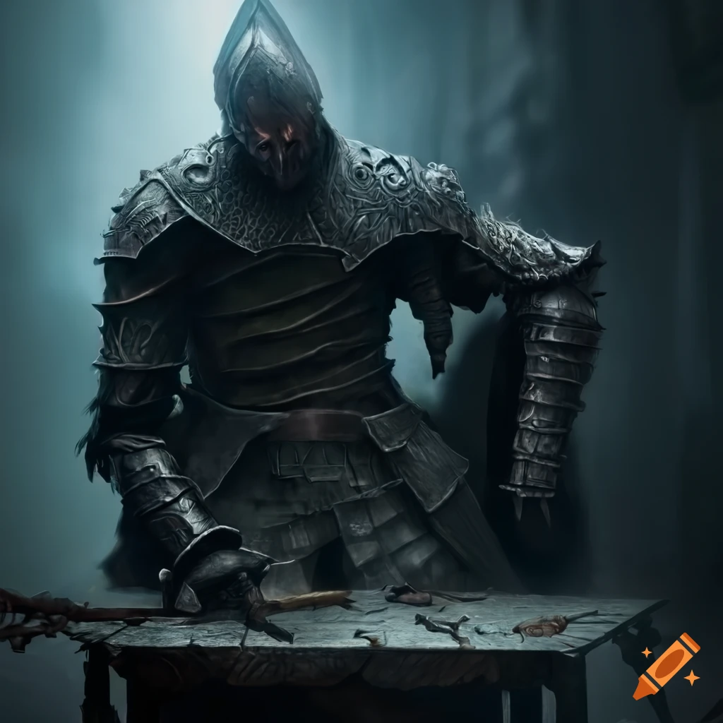 dark fantasy image of a knight in a dilapidated castle