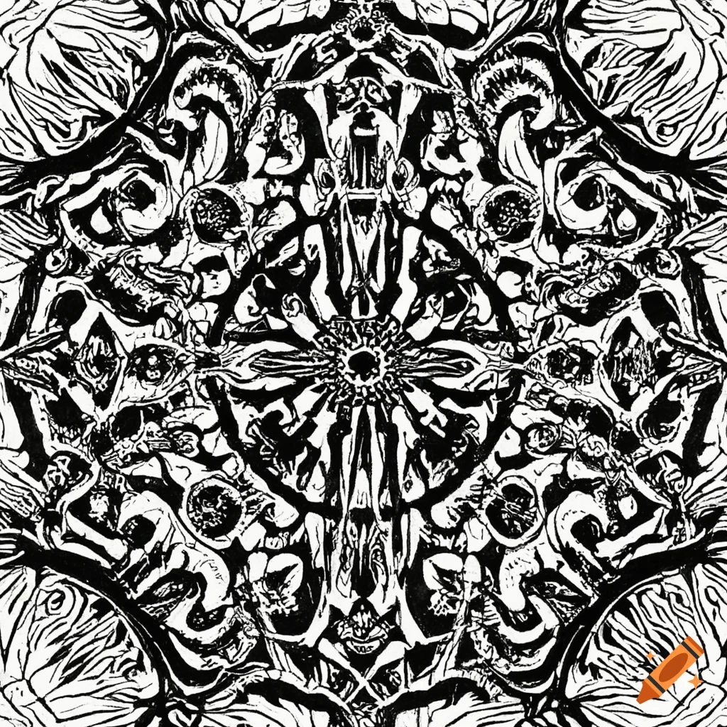 black and white pen and ink drawing with symmetric pattern
